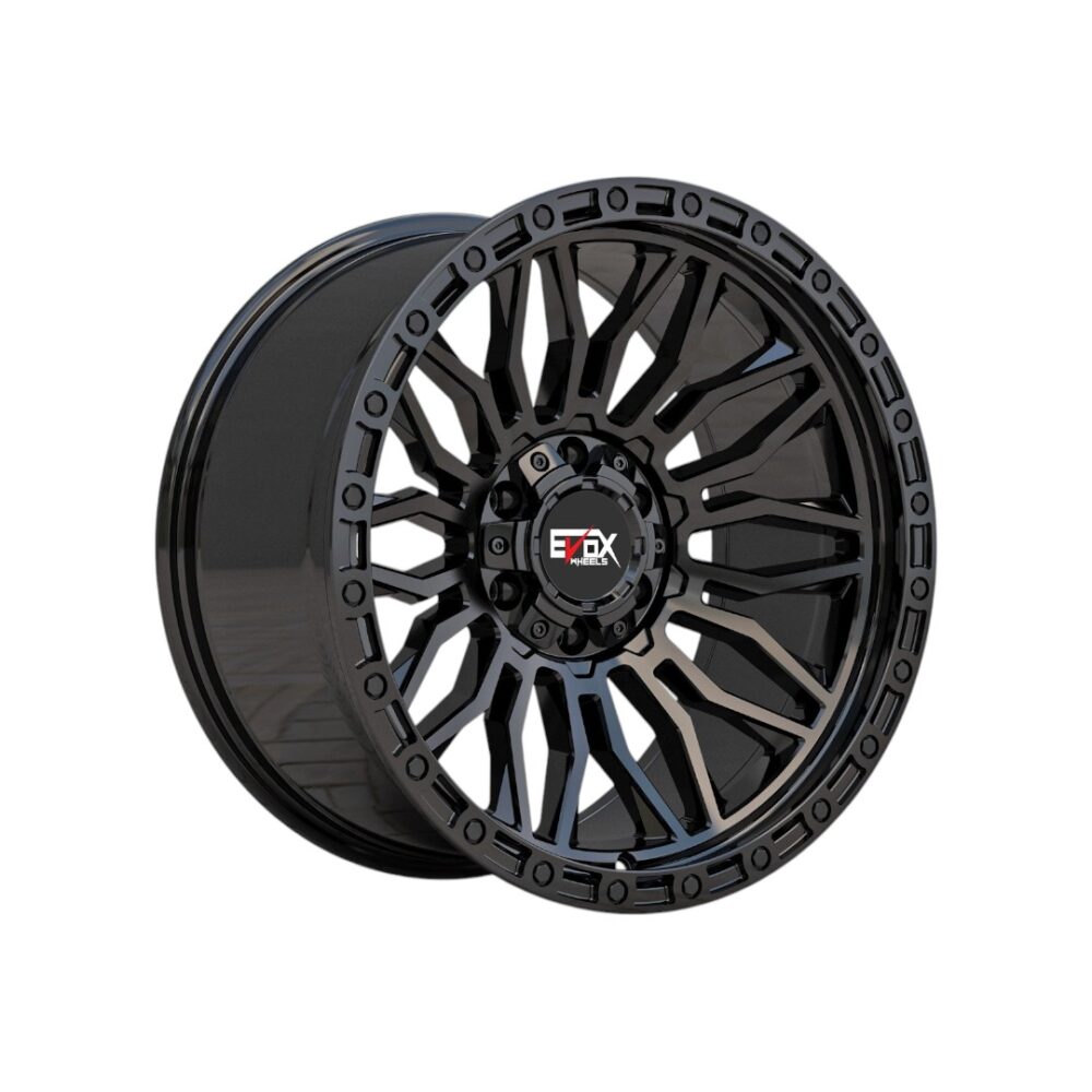20X10 6X135 6X139.7 EVOX WHEELS E2425 CB106.1MM -18MM GLOSS BLACK +BLACK RIVETS