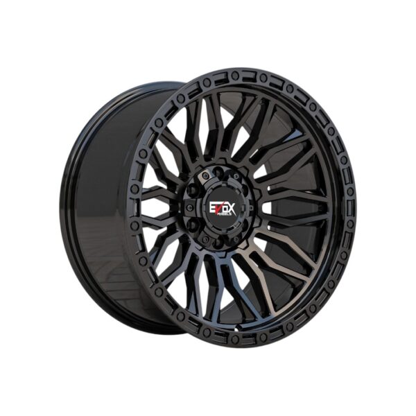 20X10 6X135 6X139.7 EVOX WHEELS E2425 CB106.1MM -18MM GLOSS BLACK +BLACK RIVETS